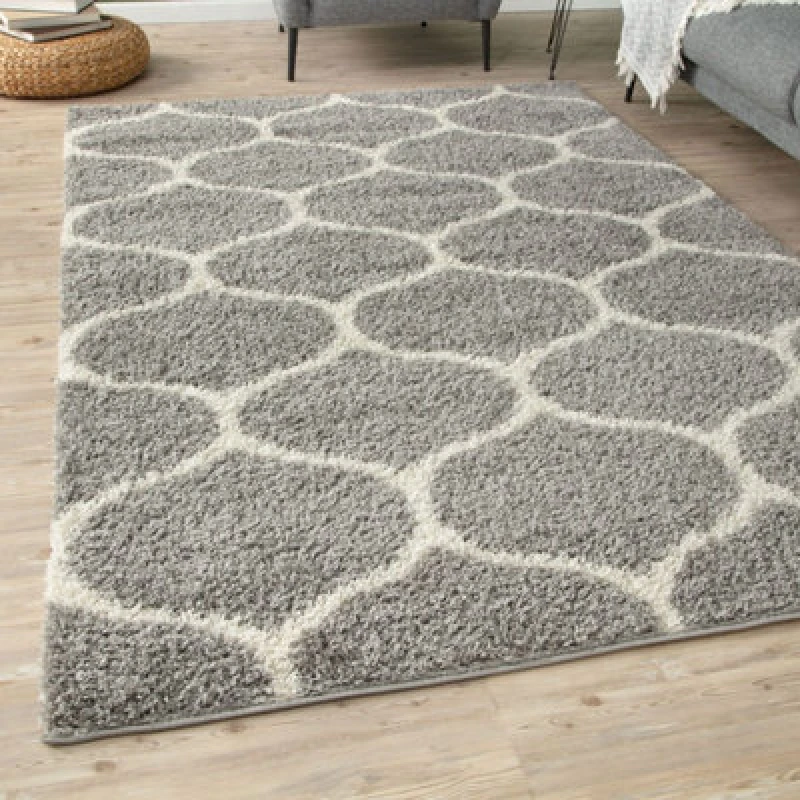 Image of THE RUGS Soft Trellis Shaggy Rugs & Runners Grey & Ivory Living Room Size: 120cm x 170cm Grey Unisex 120cm x 170 cm