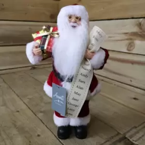 Image of 30cm Standing Christmas Santa With Glasses Holding List And Parcels In Red