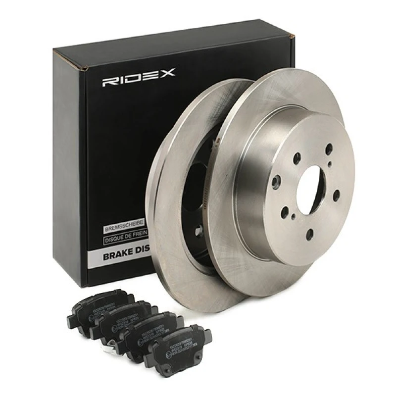 Image of RIDEX 3405B1262 Brake disc and pads set Rear Axle, Brake Disc Type: Solid, with acoustic wear warning Brake Set,disc brakes (3405)