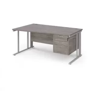 image of Maestro 25 left hand wave desk 1600mm wide with 2 drawer pedestal - silver cable managed leg frame and grey oak top