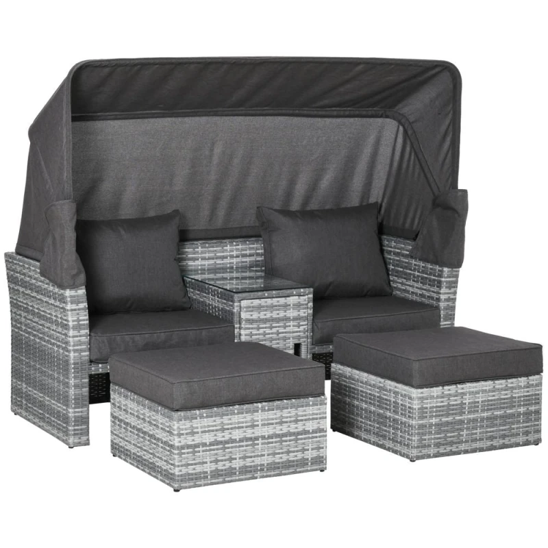 Image of Outsunny 3 PC Outdoor Rattan Daybed Sofa Footstool Coffee Table Set w/ Canopy, Cushion Grey