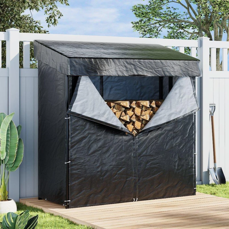 Image of Breeins 185cm Metal Firewood Rack with Roof Cover Black unisex One size