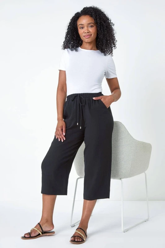 Image of Roman Womens Petite Linen Mix Wide Cropped Trousers in Black Size: 16 Black Female 16