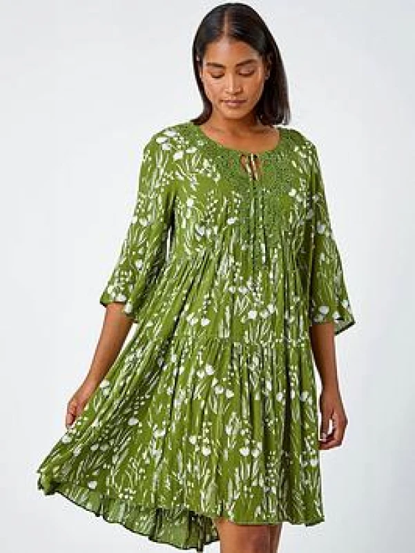 Image of Roman Womens Floral Print Lace Detail Smock Dress in Khaki Size: 20 Khaki Female 20