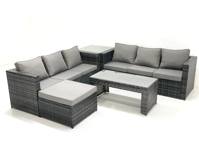 Image of Fimous Garden Outdoor Rattan Furniture Set with Sofa Coffee table Big Footstool Side Table Dark Grey Mixed Dark Grey