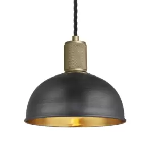 image of Industville Knurled Dome Pendant Light in Pewter & Brass with Brass Holder / Large