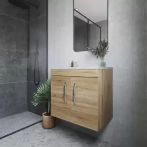 image of Nuie - Athena Wall Hung 2-Door Vanity Unit with Grey Worktop 600mm Wide - Natural Oak