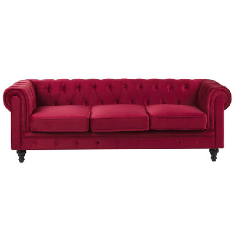 Image of Beliani Sofa 3 Seater Chesterfield Velvet Dark Red