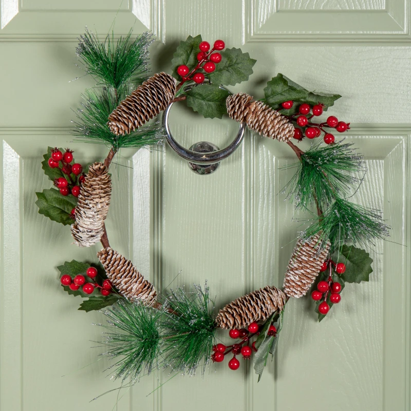 Image of 40cm Hanging Christmas Wreath with Red Berries and Pinecones