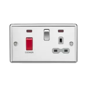 image of 45A dp Cooker Switch 13A Switched Socket with Neons & Grey Insert - Rounded Edge Polished Chrome - Knightsbridge