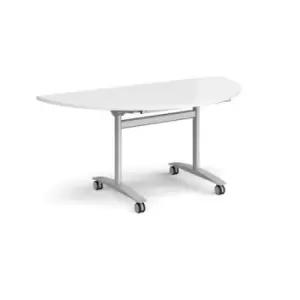 Image of Semi circular deluxe fliptop meeting table with silver frame 1600mm x 800mm - white
