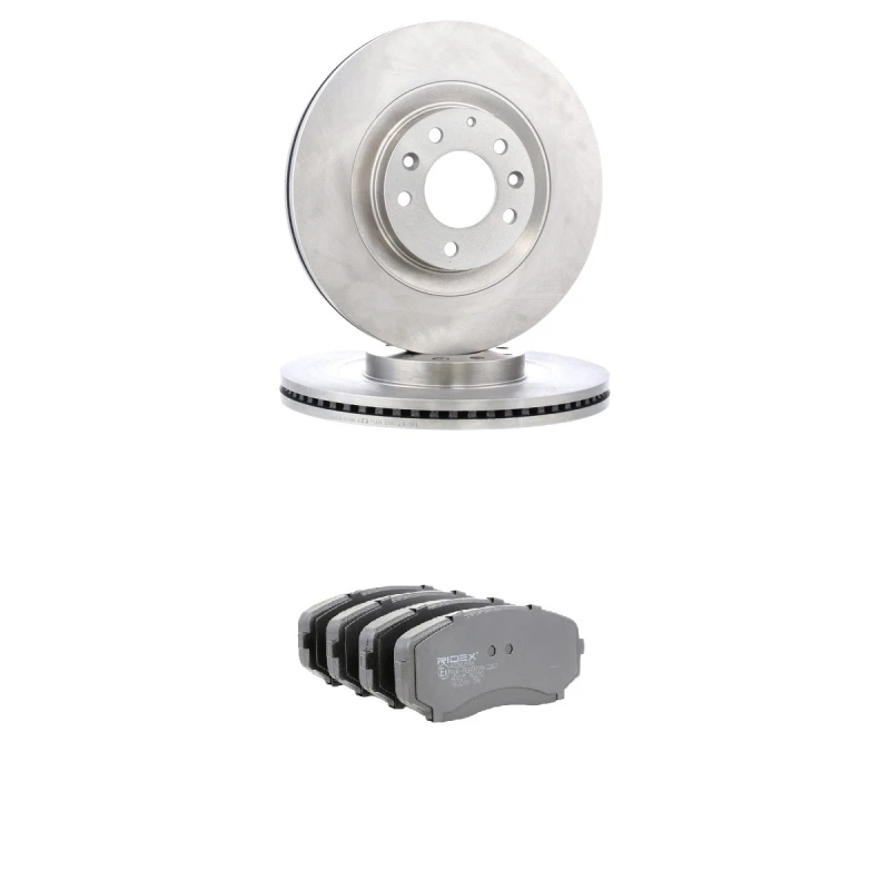 Image of RIDEX 3405B2683 Brake disc and pads set Front Axle, Brake Disc Type: internally vented, with acoustic wear warning Brake Set,disc brakes (3405)