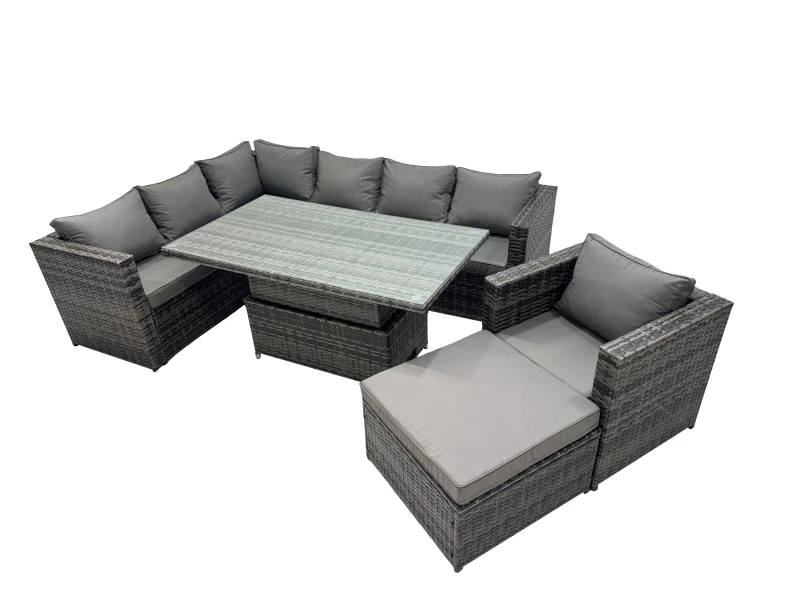 Image of Fimous 8-seater Rattan Garden Furniture Dining Set with Big Stool in Dark Grey Dark Grey Unisex