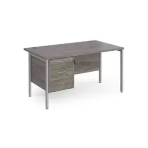 image of Maestro 25 straight desk 1400mm x 800mm with 3 drawer pedestal - silver H-frame leg and grey oak top