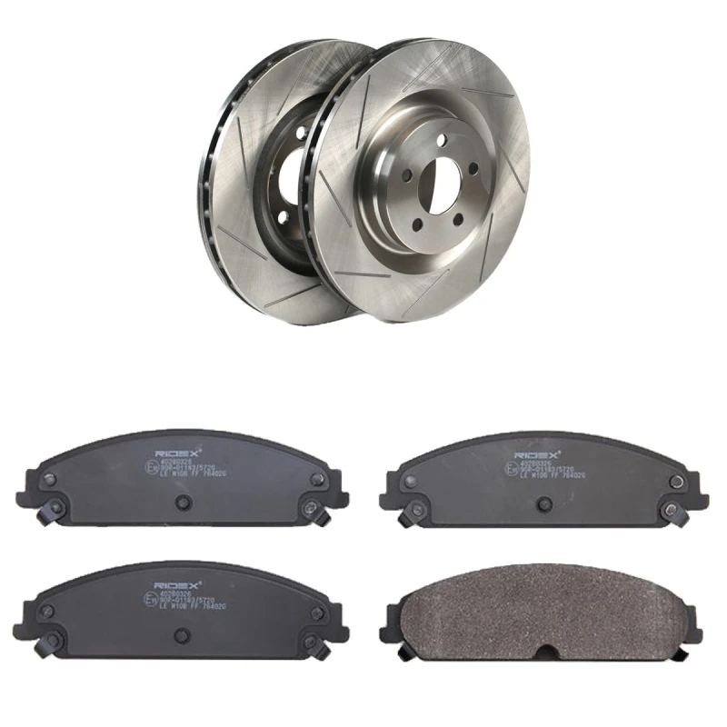 Image of RIDEX 3405B2566 Brake disc and pads set Front Axle, Brake Disc Type: slotted/internally vented, with acoustic wear warning Brake Set,disc brakes (340
