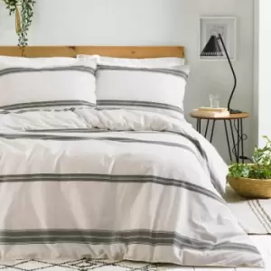 image of The Linen Yard Osman Stripe 100% Cotton Duvet Cover Set, Ecru/Grey, Super King