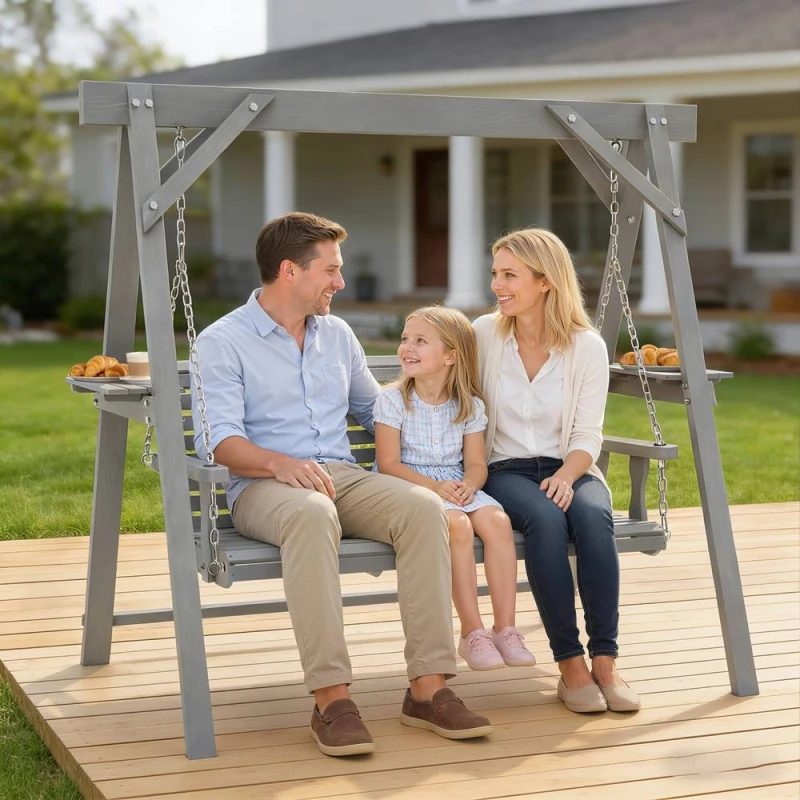 Image of OUTSUNNY 3 Seater Wooden Garden Swing Chair with Side Tables, Dark Grey Dark Grey Unisex 3 Seater