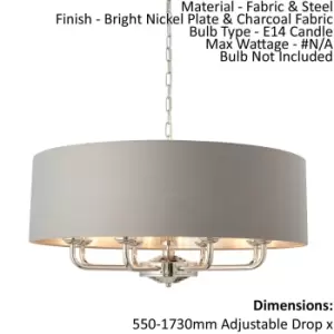 Image of Ceiling Pendant Light - Bright Nickel Plate & Charcoal Fabric - 8 x 40W E14