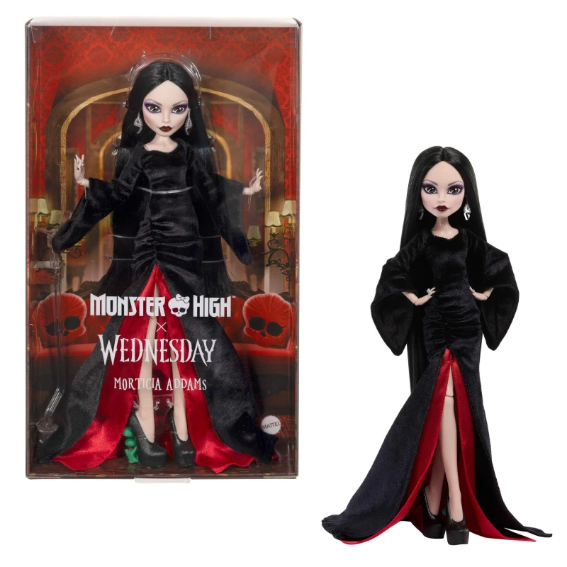 Image of Monster High x Wednesday Doll Morticia Addams Collectible in Black and Crimson Velvet Dress with Jewelry Show-Inspired Heels and Doll Stand JLK99