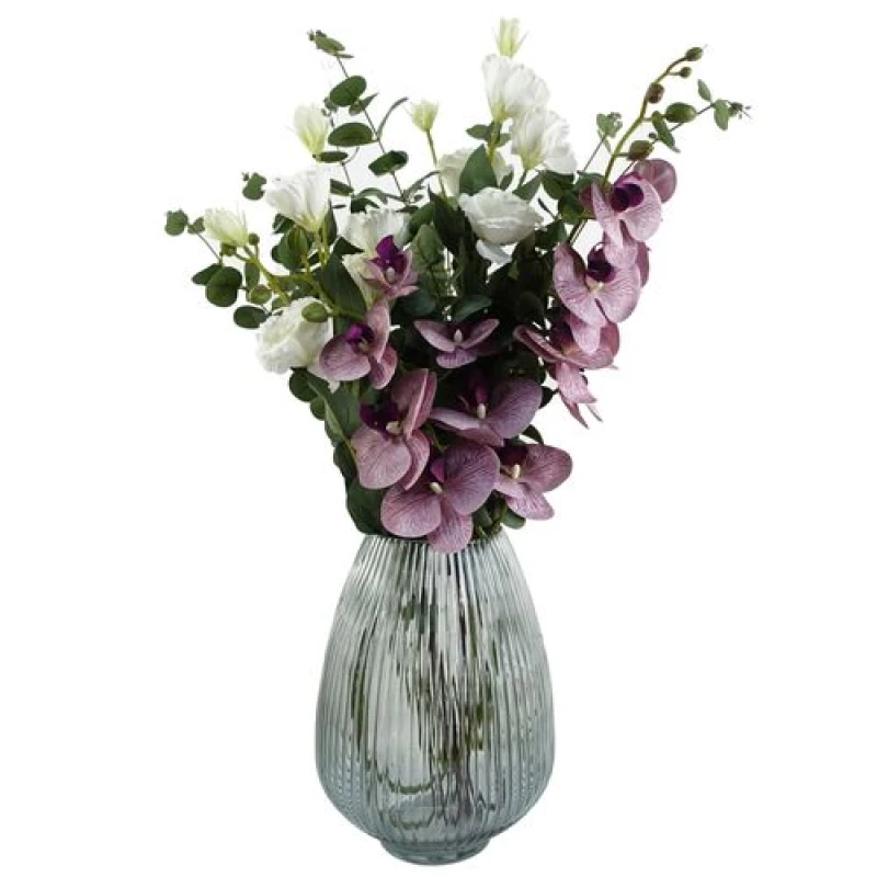 Image of Leaf Leaf 70cm Grey Glass Vase Artificial Orchids and Roses Purple