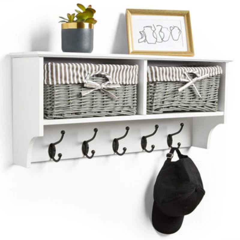 Image of Vonhaus Coat Hooks Wall Mounted - White Coat Rack Shelf W/ 2 Grey Wicker Storage Baskets & 5 Strong Double Coat Hooks For Hallway