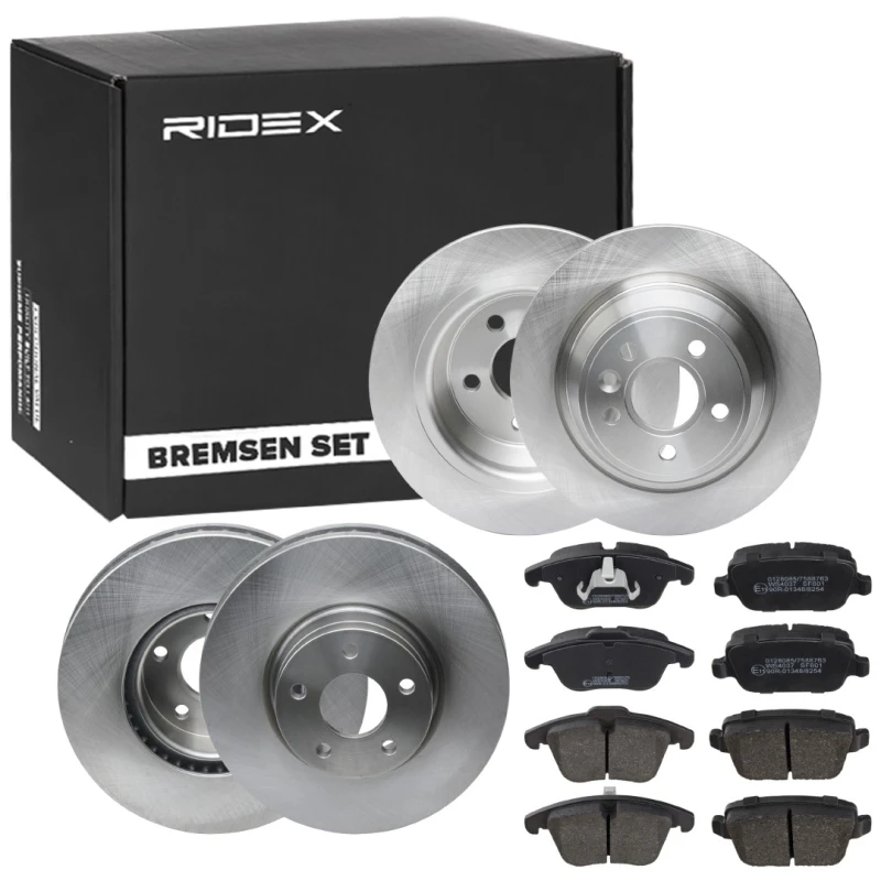 Image of RIDEX 3405B1655 Brake disc and pads set Rear Axle, Brake Disc Type: internally vented, not prepared for wear warning indicator, with anti-squeak plate