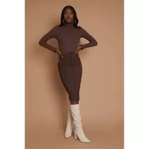 image of I Saw It First Chocolate Co-Ord Ribbed Seam Front Midi Skirt - Brown