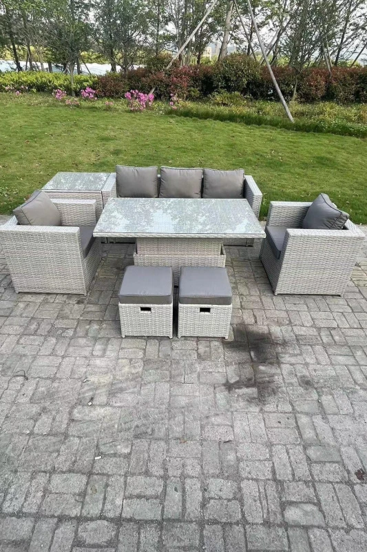 Image of Fimous Rattan Garden Funiture Set Adjustable Rising Lifting Table Sofa Dining Set With 2 Arm Chair Light Grey