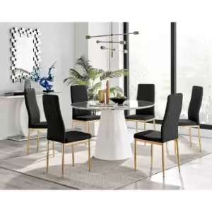 Image of Furniture Box Palma White Marble Effect Round Dining Table and 6 Black Milan Gold Leg Chairs