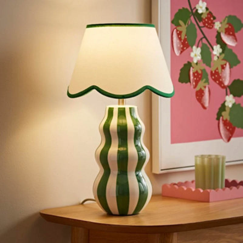 Image of ValueLights ValueLights Everie Green Stripe Curved Table Lamp with Scalloped Lamp Shade in Bright Green Bright Green One Size Unisex 5016529274407