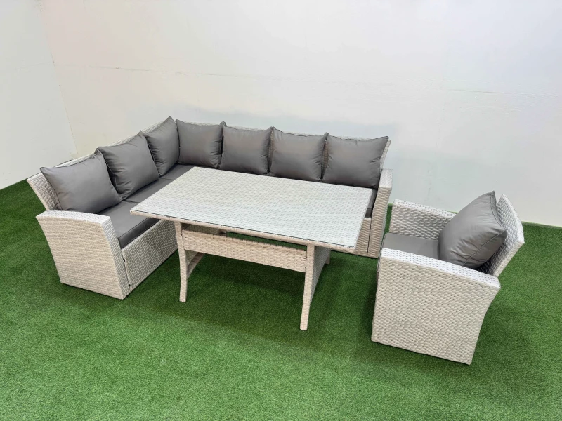 Image of Fimous 7 Seater Rattan Garden Furniture Set with Dining Table Chair in Light Grey Light Grey Unisex