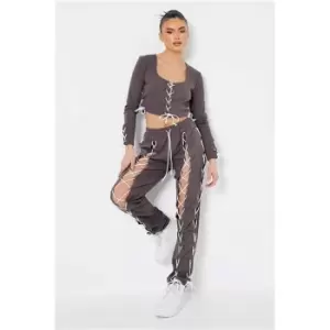 image of I Saw It First Charcoal Lace Up Detail Soft Touch Tracksuit - Grey