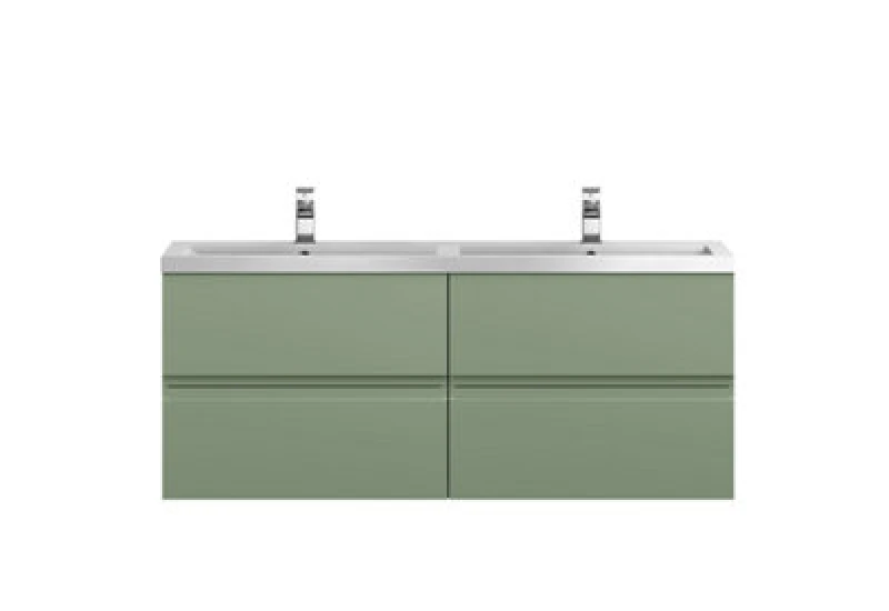 Image of Nuie Hudson Reed Urban Wall Hung 4 Drawer Vanity Unit With Double Polymarble Basin, Modern Bathroom Furniture In Satin Green, 1200mm