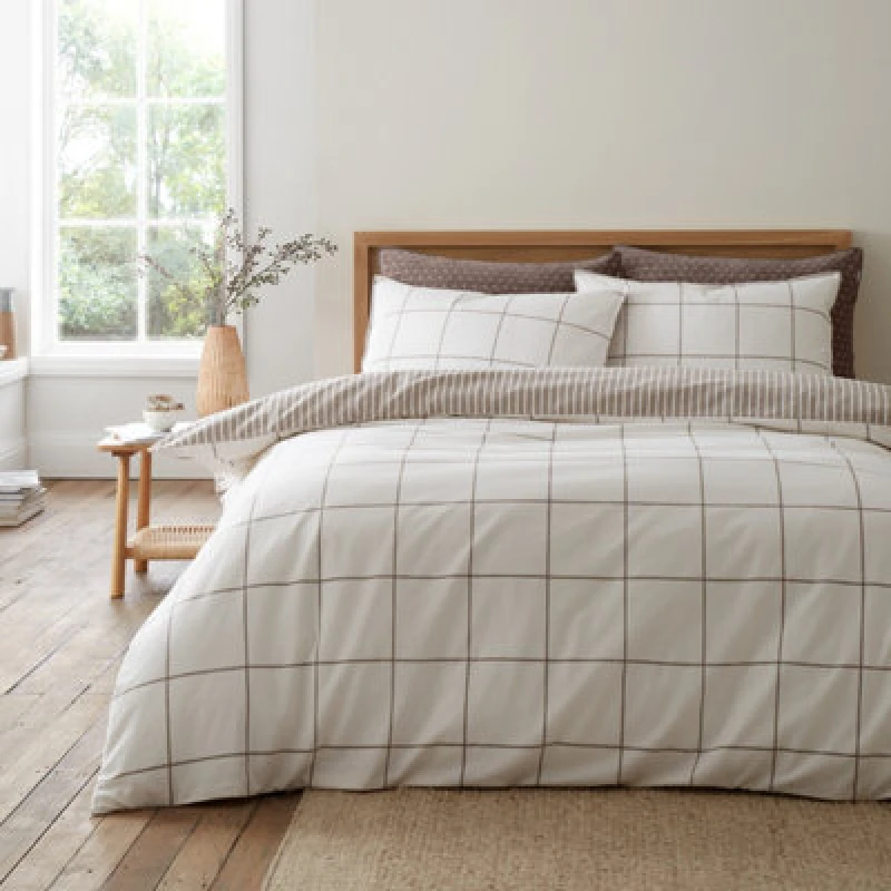 Image of Bianca Fine Linens Brushed Regal Check Cotton Reversible Single Duvet Cover Set With Pillowcase Mole