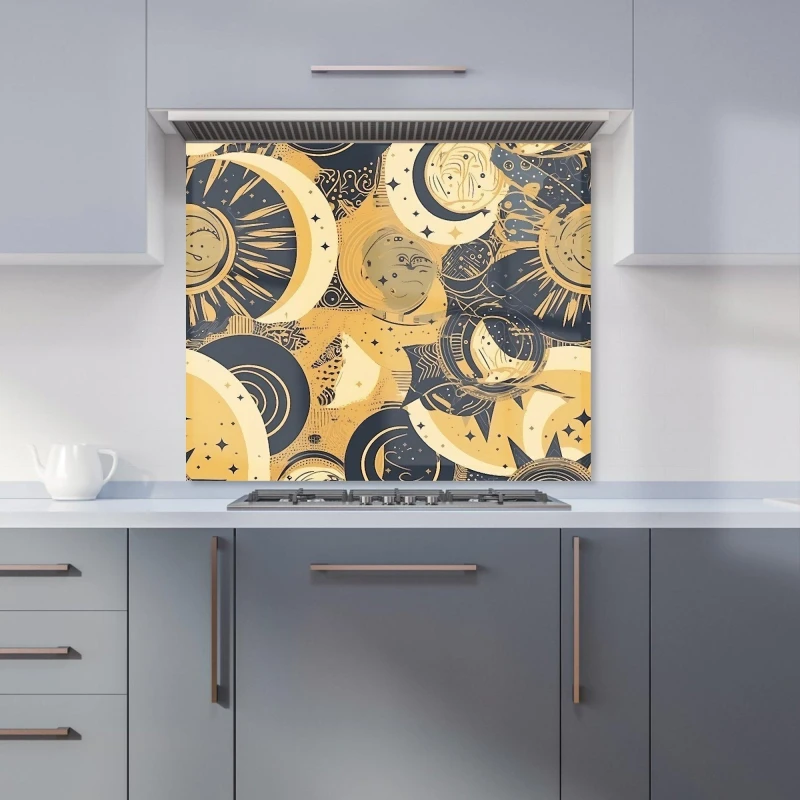 Image of Warren Reed - Designer Blue Gold Moon & Sun Kitchen Splashback in Yellow Size: 600mm x 750mm Yellow Unisex 600mm x 750mm
