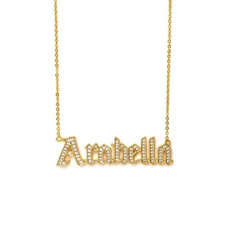 Image of Say It With Gothic Custom Name CZ Necklace - Yellow Gold Gold unisex