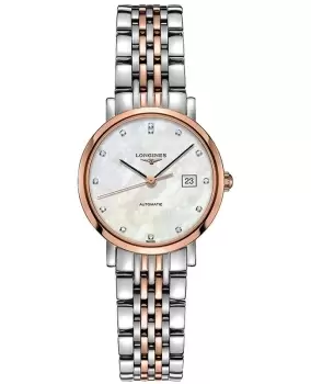 Image of Longines Elegant Collection Mother of Pearl Dial Diamond Stainless Steel and Rose Gold Womens Watch L4.310.5.87.7 L4.310.5.87.7