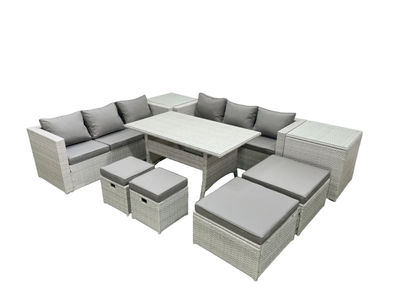 Image of Fimous Rattan Garden Furniture Set Outdoor 10 Seater Patio Dining Sets with Glass Top Dining Table 2 Side Tables Light Grey Mixed Light Grey