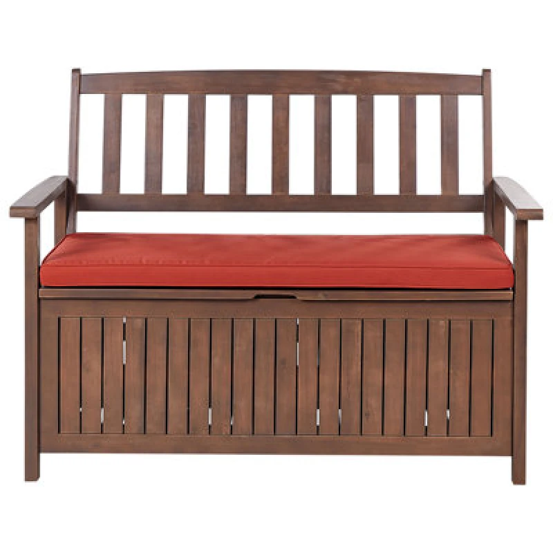 Image of Beliani Garden Bench With Cushion Sovana 120cm With Storage Acacia Wood Red 421212