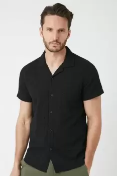 Image of Mens Charcoal Short Sleeve Self Stripe Revere Shirt