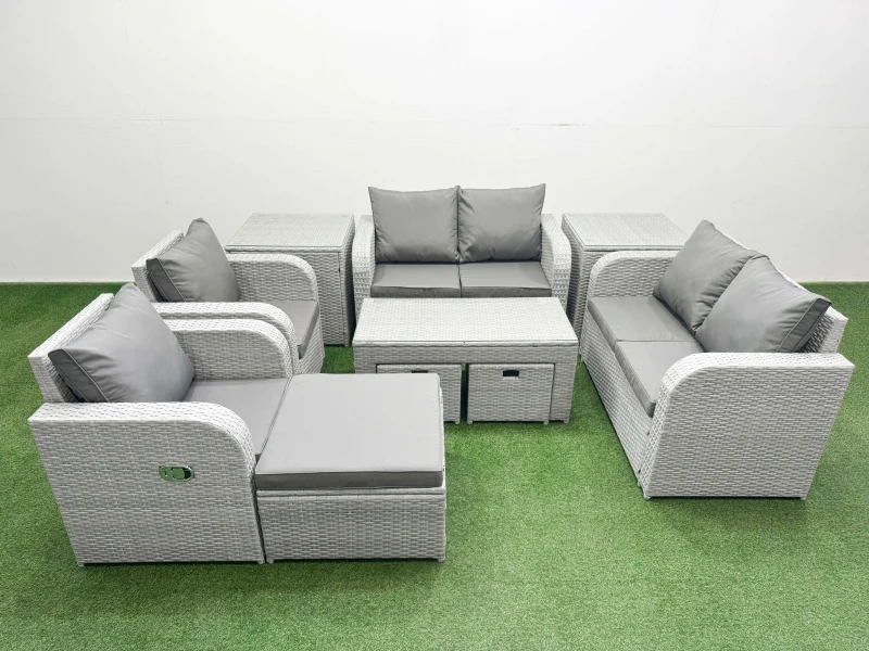 Image of Fimous 9 Seater Outdoor Reclining Chair Love Sofa Set Rattan Garden Furniture Set with Oblong Coffee Table 3 Stools 2 Side Table Light Grey Light Grey