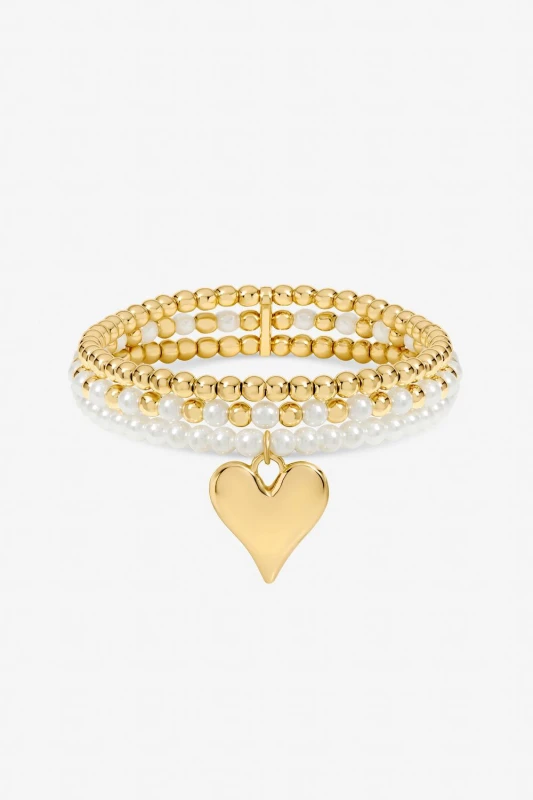 Image of Jon Richard Womens Gold Plated Polished & Beaded Heart Charm Multirow Bracelet Gold Female One Size