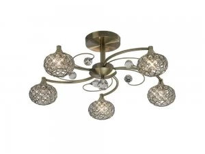Image of Flush Ceiling 5 Light Antique Brass, Crystal