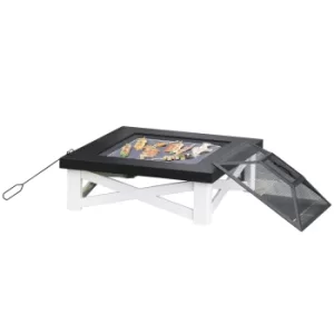 Image of Outsunny 3 in 1 Square Fire Pit Square Table Metal Brazier for Garden, Patio with BBQ Grill Shelf, Spark Screen Cover, Grate, Poker, 86 x 86 x 38cm