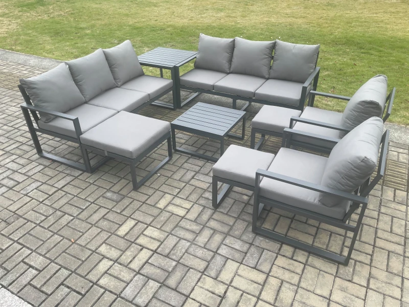 Image of Fimous Aluminium Outdoor Garden Furniture Set Patio Lounge Sofa with Square Coffee Table Side Table 2 Armchairs 3 Footstools Dark Grey Dark Grey Unise