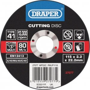 Image of Draper Multi Purpose Cutting Disc 115mm 1.6mm 22mm