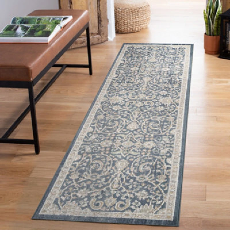 Image of Maia Washable Low Pile Non Slip Blossom Traditional Area Rug - Navy, 60 X 220 Cm (Runner)