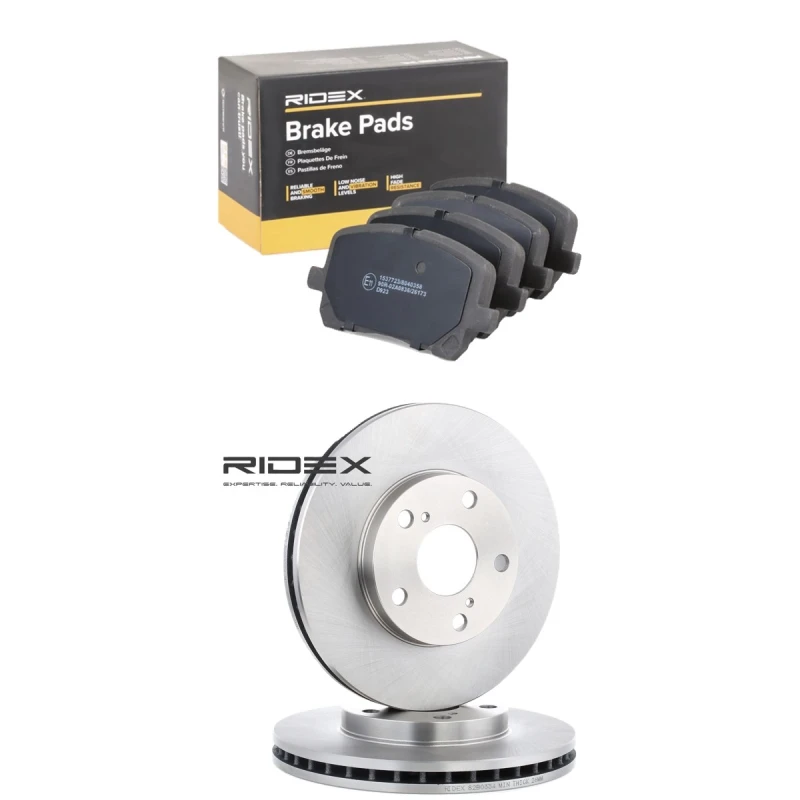 Image of RIDEX 3405B2744 Brake disc and pads set Front Axle, Brake Disc Type: internally vented Brake Set,disc brakes (3405)
