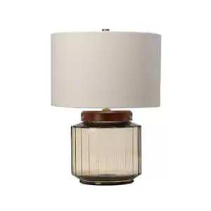 Image of Table Lamp Ivory Shade Metalwork Aged Brass Wood Dark Stained LED E27 60W