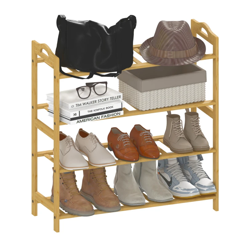 Image of HOMCOM HOMCOM 4-Tier Shoe Rack, Bamboo Shoe Shelf Stand, Natural Wood Finish Natural One Size Unisex 5063603822191